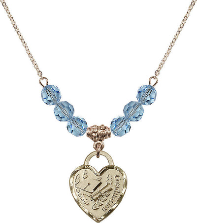 Large Gold-filled Graduation Heart 6mm Aqua Beaded Necklace, Measures 3/4-inch tall by 5/8-inch wide, Bliss Manufacturing