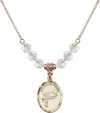 Graduation Heart Oval Gold-filled Clear 6mm Beaded Necklace, Medal Measures 3/4-inch tall by 1/2-inch wide in Crystal, Bliss Manufacturing
