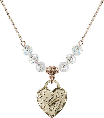 Large Gold-filled Graduation Heart 6mm Clear Beaded Necklace, Measures 3/4-inch tall by 5/8-inch wide in Crystal, Bliss Manufacturing