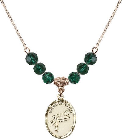 Graduation Heart Oval Gold-filled Emerald 6mm Beaded Necklace, Medal Measures 3/4-inch tall by 1/2-inch wide, Bliss Manufacturing