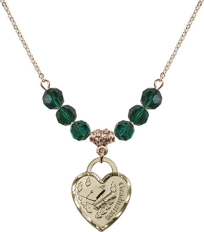Large Gold-filled Graduation Heart 6mm Emerald Beaded Necklace, Measures 3/4-inch tall by 5/8-inch wide, Bliss Manufacturing