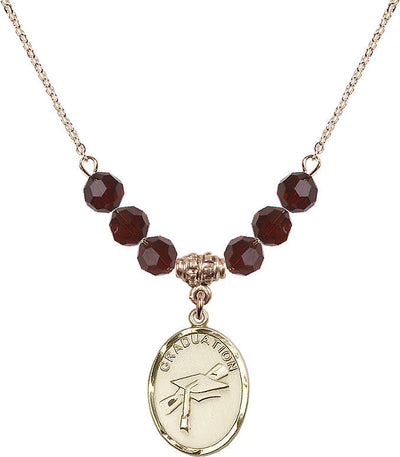 Graduation Heart Oval Gold-filled Garnet 6mm Beaded Necklace, Medal Measures 3/4-inch tall by 1/2-inch wide, Bliss Manufacturing