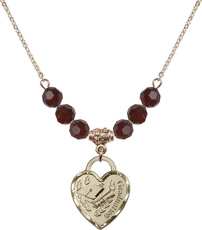 Large Gold-filled Graduation Heart 6mm Garnet Beaded Necklace, Measures 3/4-inch tall by 5/8-inch wide, Bliss Manufacturing