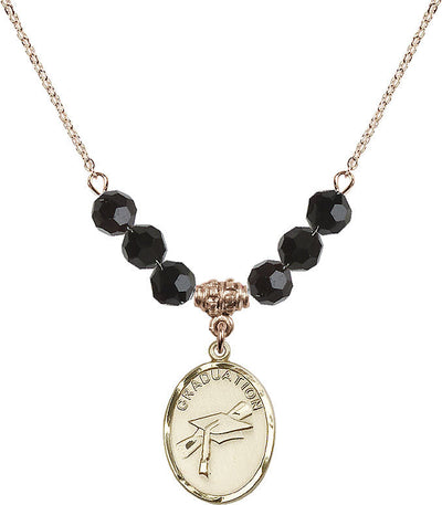 Graduation Heart Oval Gold-filled Jet 6mm Beaded Necklace, Medal Measures 3/4-inch tall by 1/2-inch wide, Bliss Manufacturing