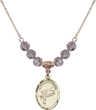 Graduation Heart Oval Gold-filled Light Amethyst 6mm Beaded Necklace, Medal Measures 3/4-inch tall by 1/2-inch wide, Bliss Manufacturing