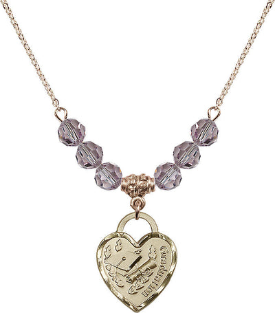 Large Gold-filled Graduation Heart 6mm Light Amethyst Beaded Necklace, Measures 3/4-inch tall by 5/8-inch wide, Bliss Manufacturing