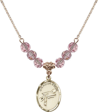 Graduation Heart Oval Gold-filled Light Rose 6mm Beaded Necklace, Medal Measures 3/4-inch tall by 1/2-inch wide, Bliss Manufacturing