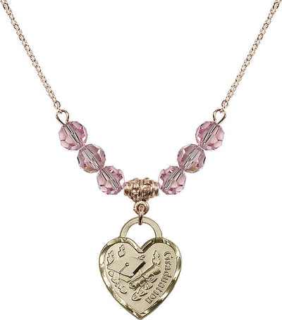 Large Gold-filled Graduation Heart 6mm Light Rose Beaded Necklace, Measures 3/4-inch tall by 5/8-inch wide, Bliss Manufacturing