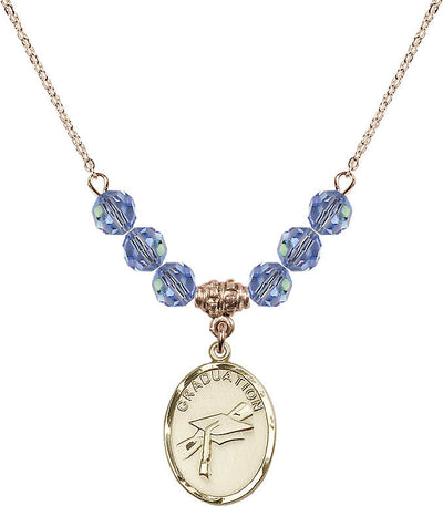Graduation Heart Oval Gold-filled Light Sapphire 6mm Beaded Necklace, Medal Measures 3/4-inch tall by 1/2-inch wide, Bliss Manufacturing