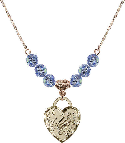 Large Gold-filled Graduation Heart 6mm Light Sapphire Beaded Necklace, Measures 3/4-inch tall by 5/8-inch wide, Bliss Manufacturing