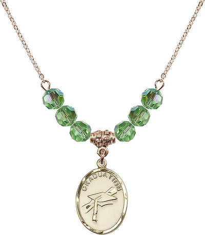 Graduation Heart Oval Gold-filled Peridot 6mm Beaded Necklace, Medal Measures 3/4-inch tall by 1/2-inch wide, Bliss Manufacturing