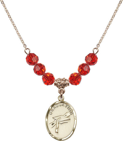 Graduation Heart Oval Gold-filled Ruby 6mm Beaded Necklace, Medal Measures 3/4-inch tall by 1/2-inch wide, Bliss Manufacturing