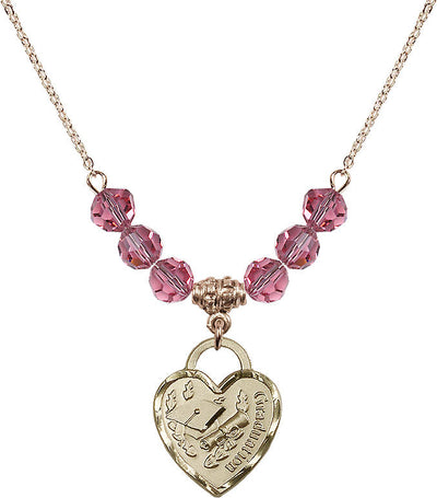 Large Gold-filled Graduation Heart 6mm Rose Beaded Necklace, Measures 3/4-inch tall by 5/8-inch wide, Bliss Manufacturing