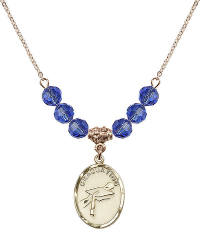 Graduation Heart Oval Gold-filled Sapphire 6mm Beaded Necklace, Medal Measures 3/4-inch tall by 1/2-inch wide, Bliss Manufacturing