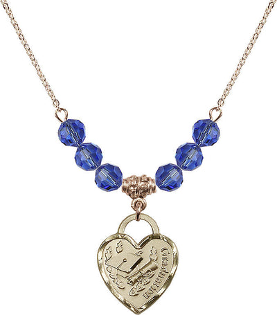 Large Gold-filled Graduation Heart 6mm Sapphire Beaded Necklace, Measures 3/4-inch tall by 5/8-inch wide, Bliss Manufacturing