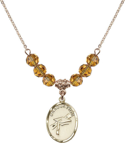 Graduation Heart Oval Gold-filled Topaz 6mm Beaded Necklace, Medal Measures 3/4-inch tall by 1/2-inch wide, Bliss Manufacturing