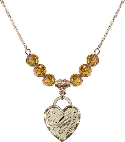 Large Gold-filled Graduation Heart 6mm Topaz Beaded Necklace, Measures 3/4-inch tall by 5/8-inch wide, Bliss Manufacturing