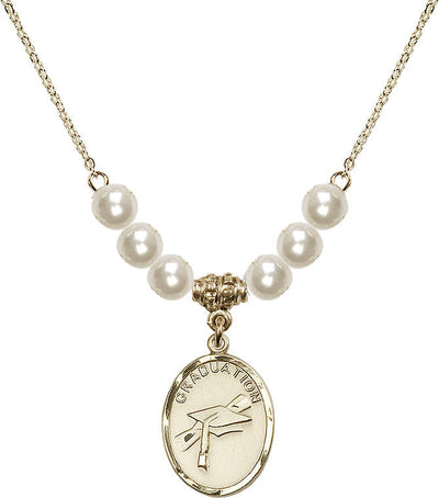 Graduation Heart Oval Gold-filled Faux Pearl Crystal 6mm Beaded Necklace, Medal Measures 3/4-inch tall by 1/2-inch wide, Bliss Manufacturing