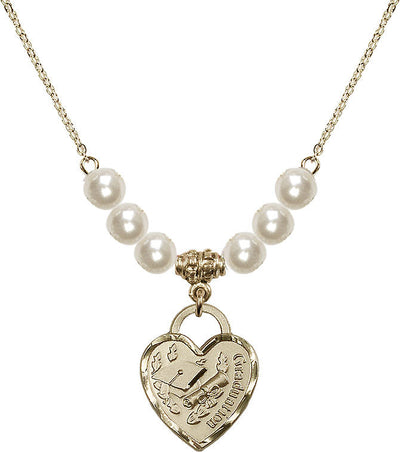 Large Gold-filled Graduation Heart 6mm Faux Pearl Crystal Beaded Necklace, Measures 3/4-inch tall by 5/8-inch wide, Bliss Manufacturing