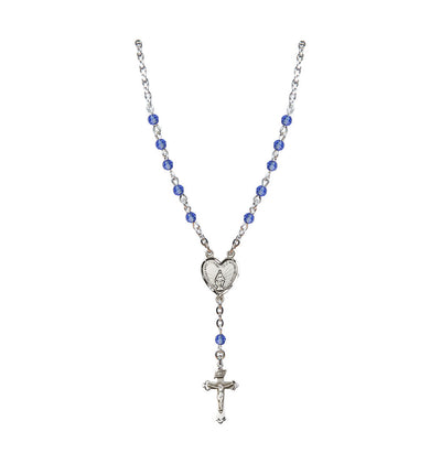 Sterling Silver Miraculous Heart 4mm Crystal Rosary Necklace in Sapphire, Bliss Manufacturing