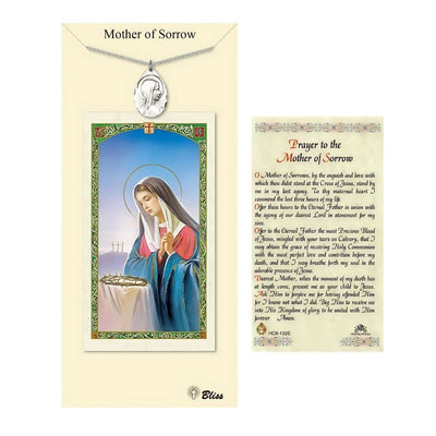Madonna Pewter Medal with a Mother of Sorrow prayer card, Bliss Manufacturing