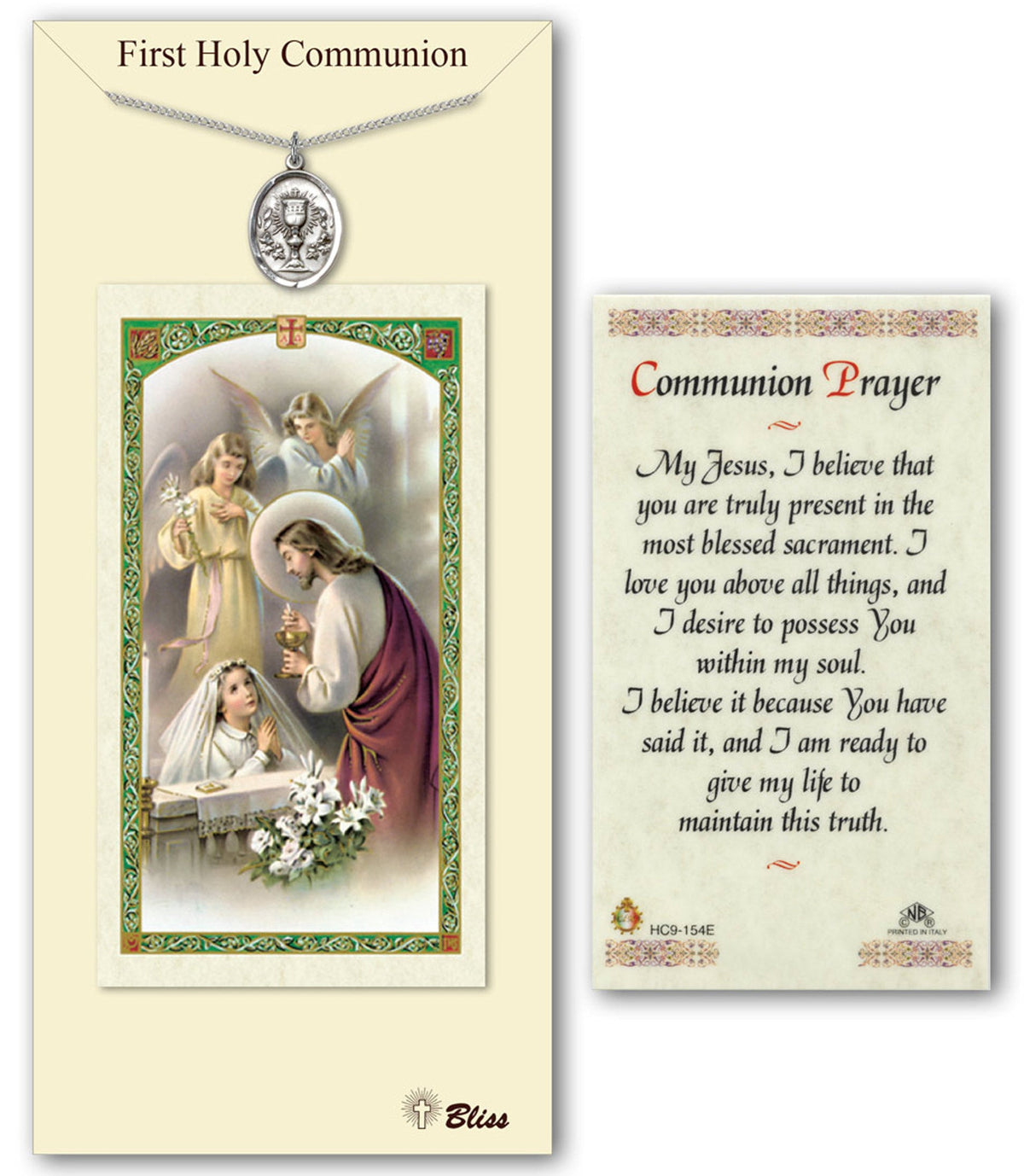 Bliss Girl's First Holy Communion Medal and Prayer Holy Card Gift Set