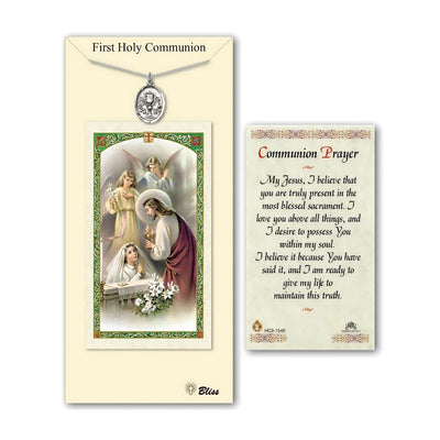 Chalice Pewter Medal with a Girl's Communion Prayer card, Bliss Manufacturing