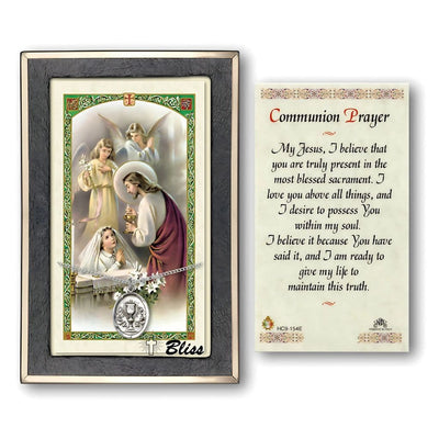 Chalice Sterling Silver Medal with a Girl's Communion Prayer card, Bliss Manufacturing