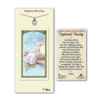 A gift set featuring a pewter medal, with a laminated prayer card that includes a baptismal blessing and an image of a baby being Baptist, Bliss Manufacturing