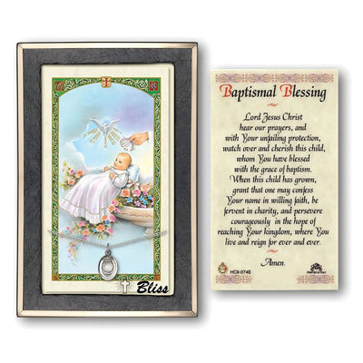 A gift set featuring a sterling silver medal, with a laminated prayer card that includes a baptismal blessing and an image of a baby being Baptist, Bliss Manufacturing