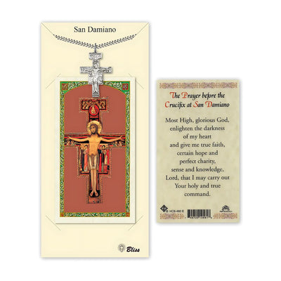 San Damiano Crucifix Pewter 1 1/4-inch Medal and Before the Crucifix Prayer Card Gift Set, Bliss Manufacturing