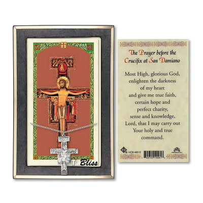 San Damiano Crucifix Sterling Silver 1 1/4-inch Medal and Before the Crucifix Prayer Card Gift Set, Bliss Manufacturing
