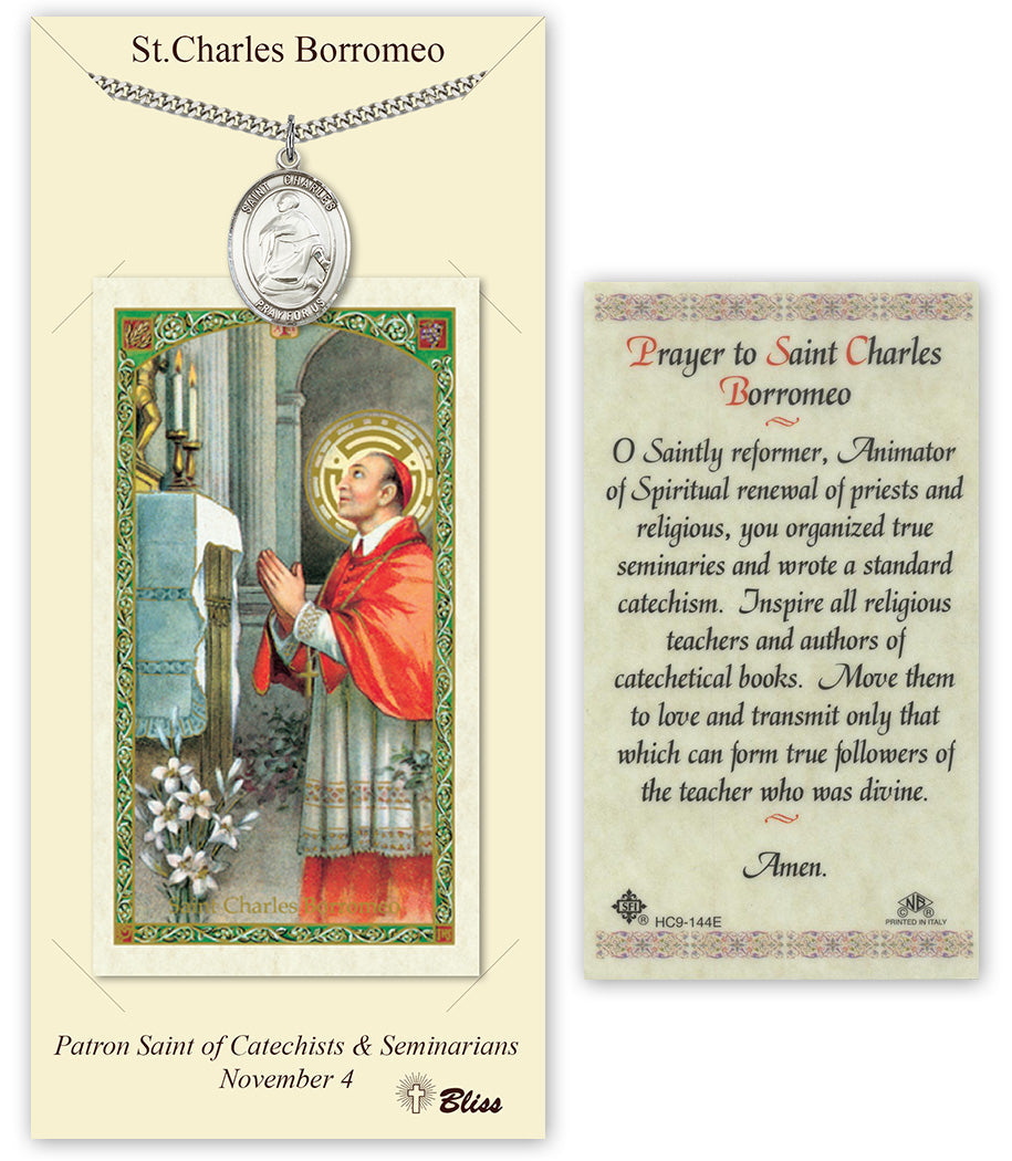 Bliss St Charles Borromeo Medal and Prayer Holy Card Gift Set