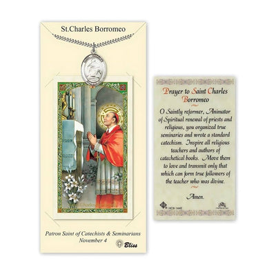 Saint Charles Borromeo Pewter Medal with a Holy Prayer Card Gift Set, 1-inch, Bliss Manufacturing