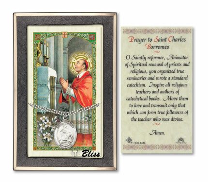 Bliss St Charles Borromeo Medal and Prayer Holy Card Gift Set