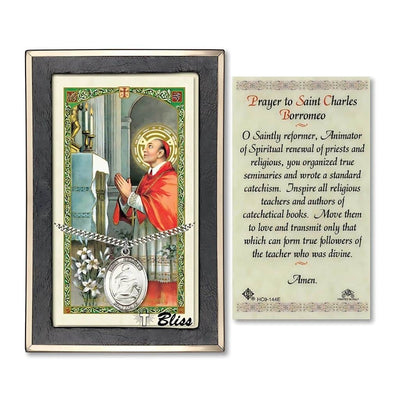 Saint Charles Borromeo Sterling Silver Medal with a Holy Prayer Card Gift Set, 1-inch, Bliss Manufacturing