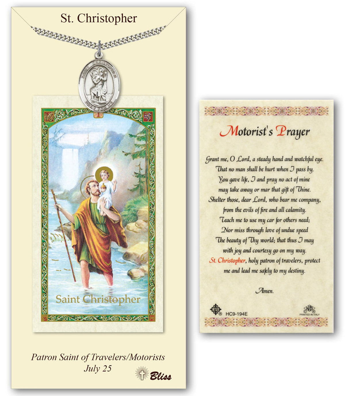 Bliss St Christopher Medal and Motorist Prayer Holy Card Gift Set