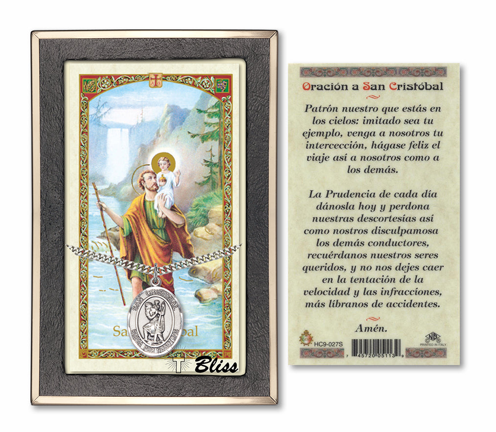 Bliss Spanish San Cristobal Medal and Prayer Holy Card Gift Set