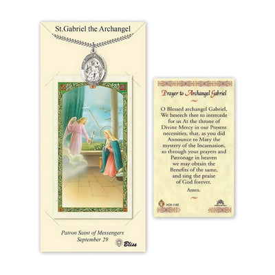 St. Gabriel Archangel Pewter 1-inch Medal with a Holy Prayer Card Gift Set, illustration of Mary and Gabriel, Bliss Manufacturing