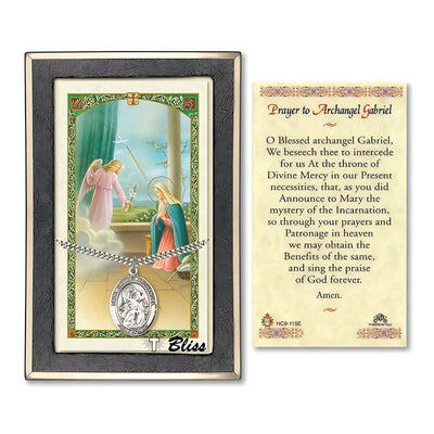St. Gabriel Archangel Sterling Silver 1-inch Medal with a Holy Prayer Card Gift Set, illustration of Mary and Gabriel, Bliss Manufacturing