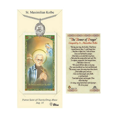 St. Maximilian Kolbe Pewter 1-inch Medal with a Prayer Holy Card Gift Set, Bliss Manufacturing