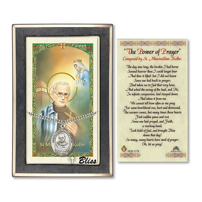 St. Maximilian Kolbe Sterling Silver 1-inch Medal with a Prayer Holy Card Gift Set, Bliss Manufacturing