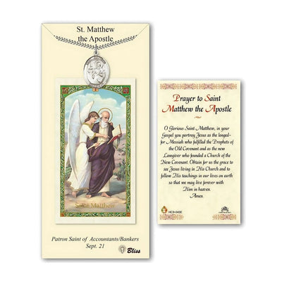 St. Matthew Pewter 1-inch Medal with a Prayer Holy Card Gift Set, Illustration of Angel and St. Matthew, Bliss Manufacturing