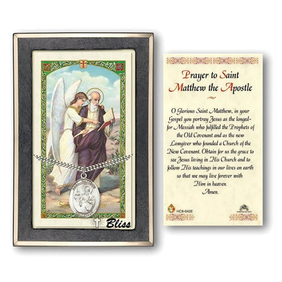 St. Matthew Sterling Silver 1-inch Medal with a Prayer Holy Card Gift Set, Illustration of Angel and St. Matthew, Bliss Manufacturing