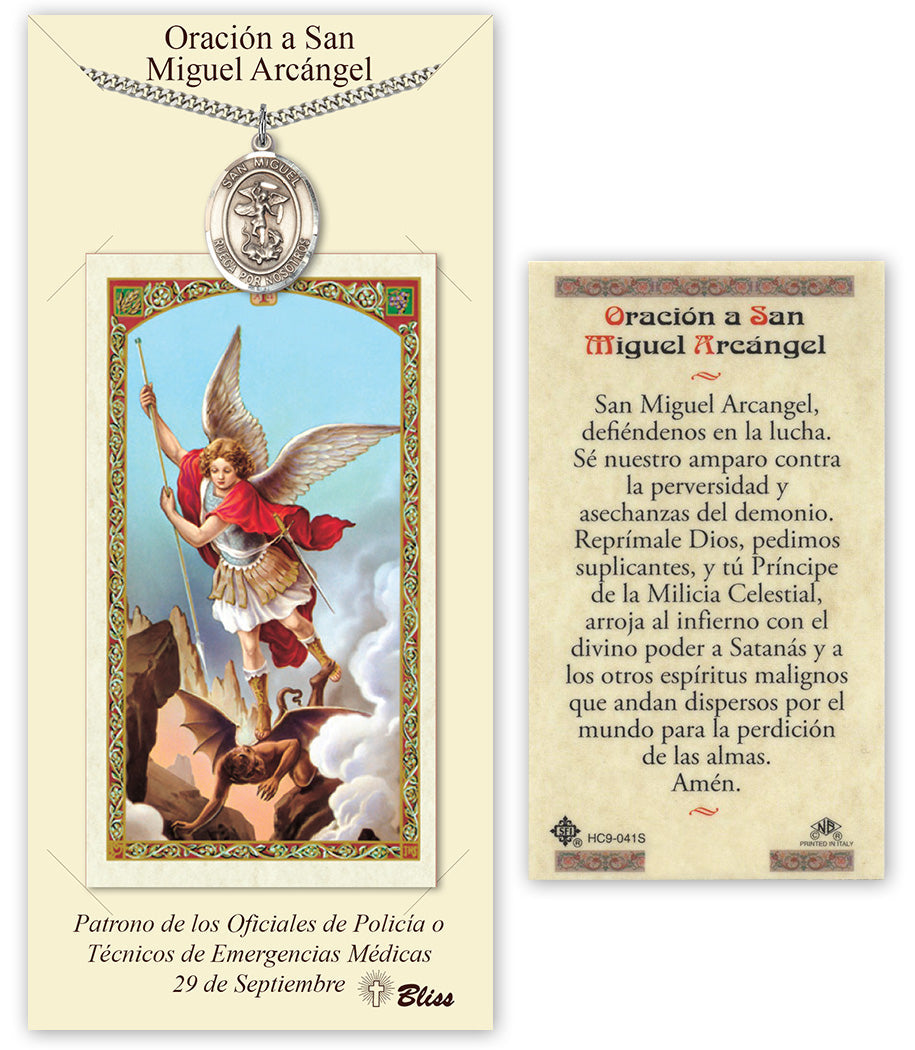 Bliss Spanish San Miguel Arcangel Medal and Prayer Holy Card Gift Set