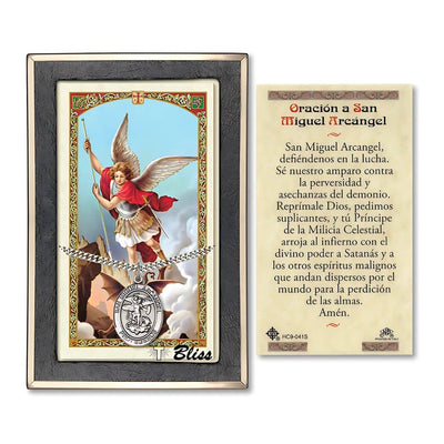 San Miguel Arcangel Sterling Silver 1-inch Medal with a Spanish Text Prayer Holy Card Gift Set, Bliss Manufacturing