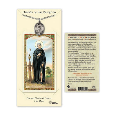 San Peregrino Pewter 1-inch Medal with a Spanish Text Prayer Holy Card Gift Set, Bliss Manufacturing