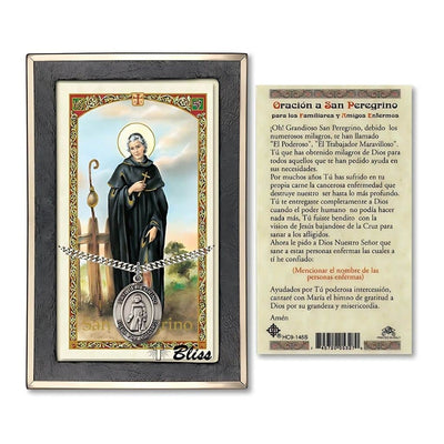San Peregrino Sterling Silver 1-inch Medal with a Spanish Text Prayer Holy Card Gift Set, Bliss Manufacturing