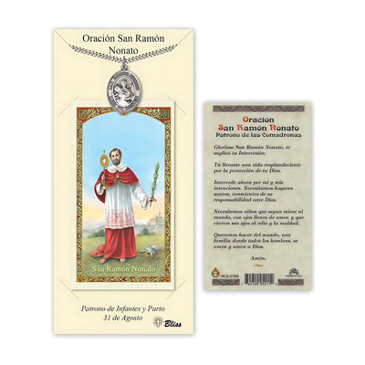 San Ramon Nonato Pewter 1-inch Medal with a Spanish Text Prayer Holy Card Gift Set, Bliss Manufacturing
