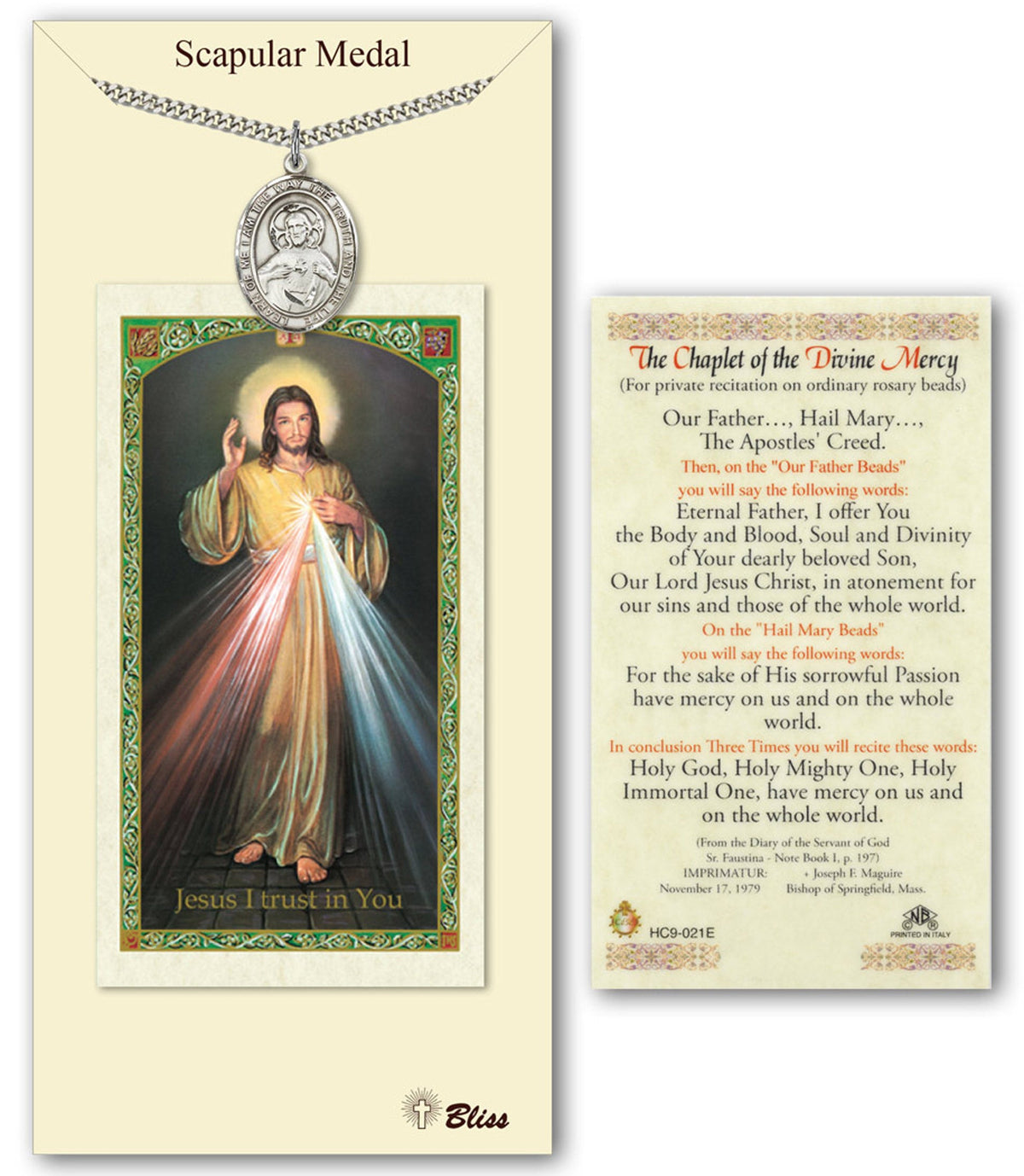 Bliss Jesus Scapular Medal and Divine Mercy Prayer Holy Card Gift Set